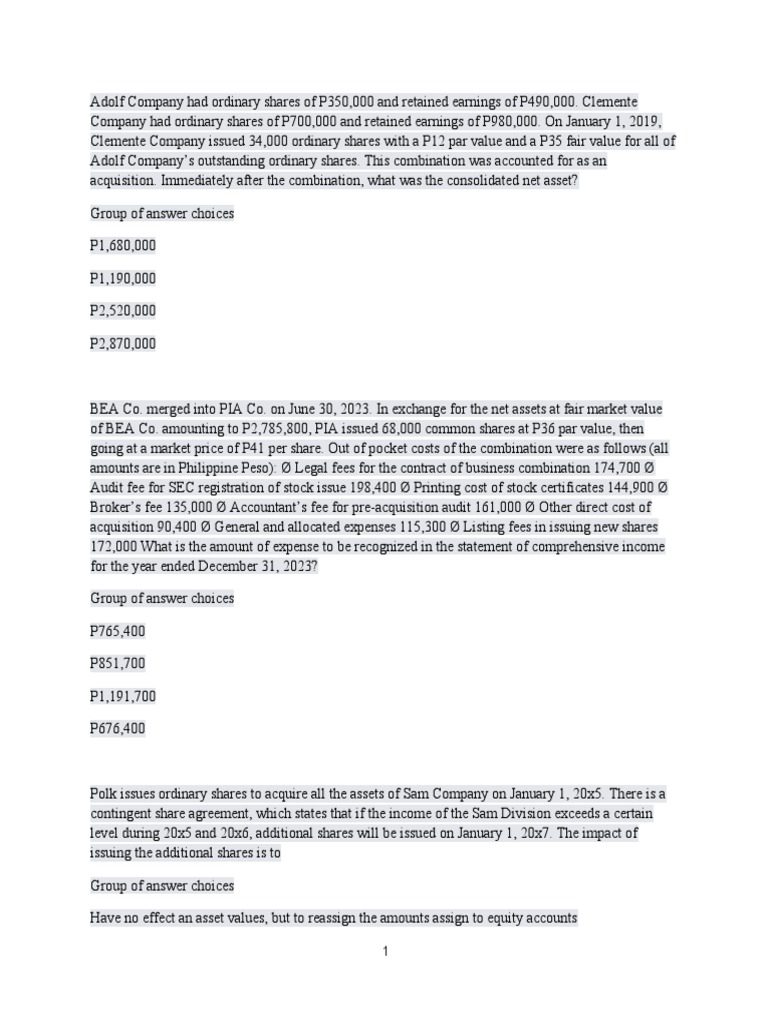 Determining the Consolidated Net Assets of Adolf Company and Clemente Company After an