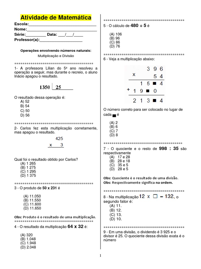 Atividades de Matemática – 5º Ano – Multiplicação e Divisão