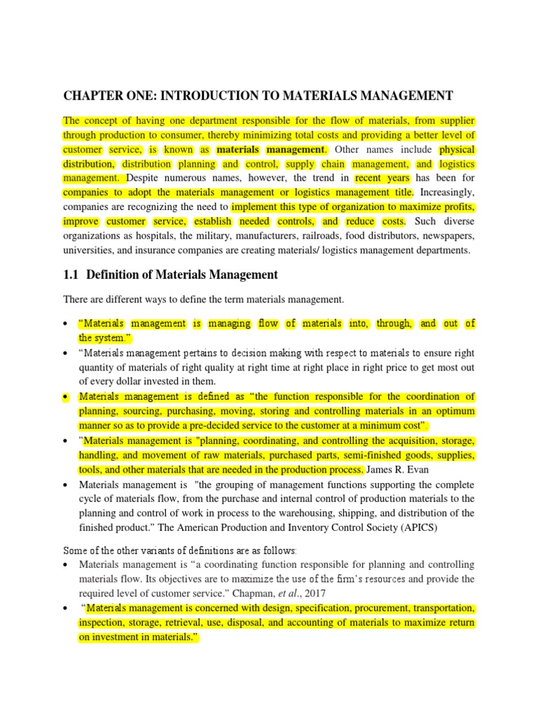Chapter One: Introduction To Materials Management | Download Free PDF ...