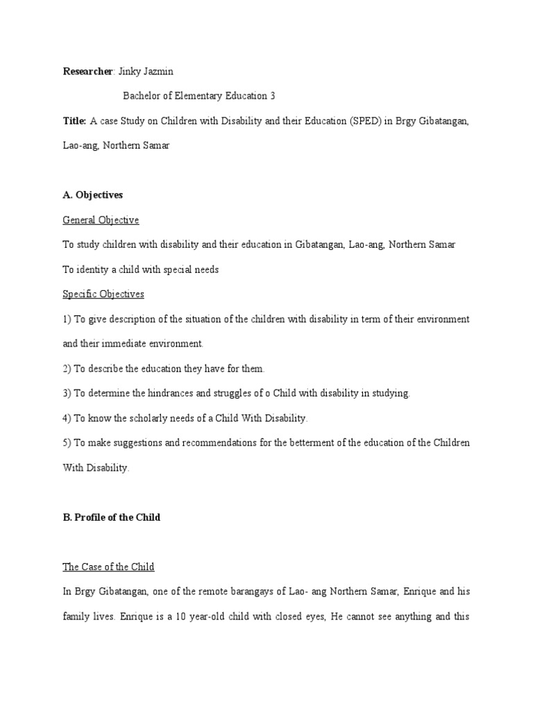 Case Study on Disabled Children in SPED | PDF | Special Education ...