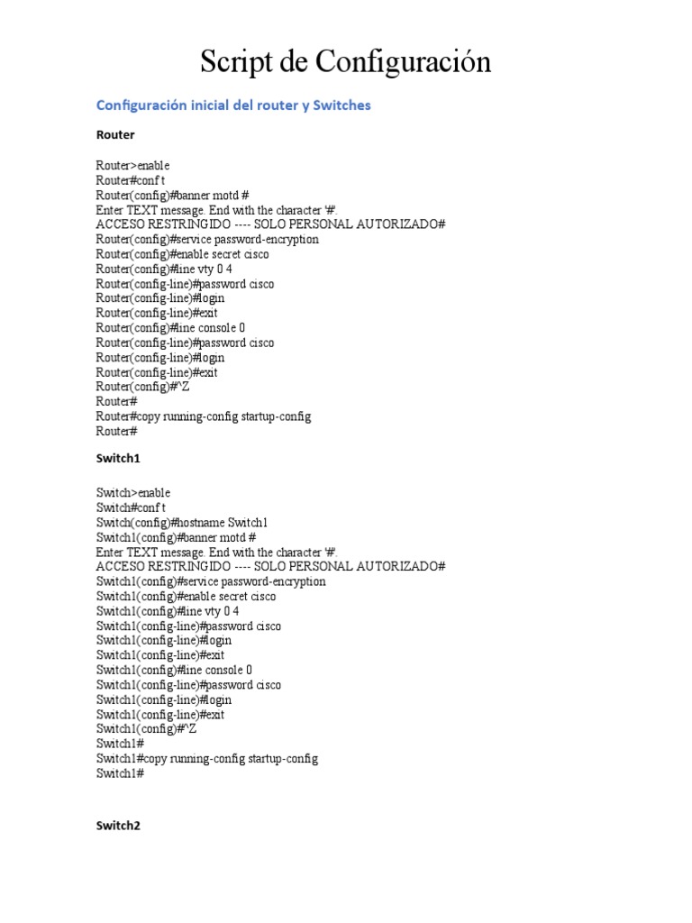 Script de Configuracion - Cisco Packet Tracer | PDF | Router (Computing) |  Computer Standards