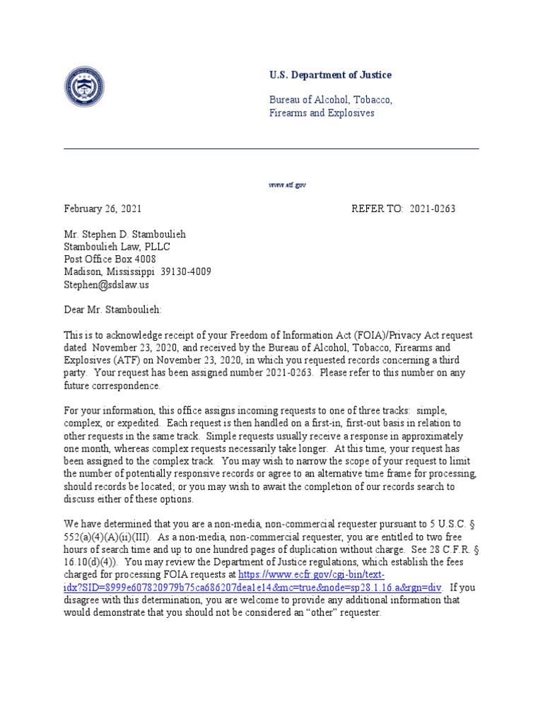 ATF FOIA Request Acknowledgment Letter | PDF | Freedom Of Information ...