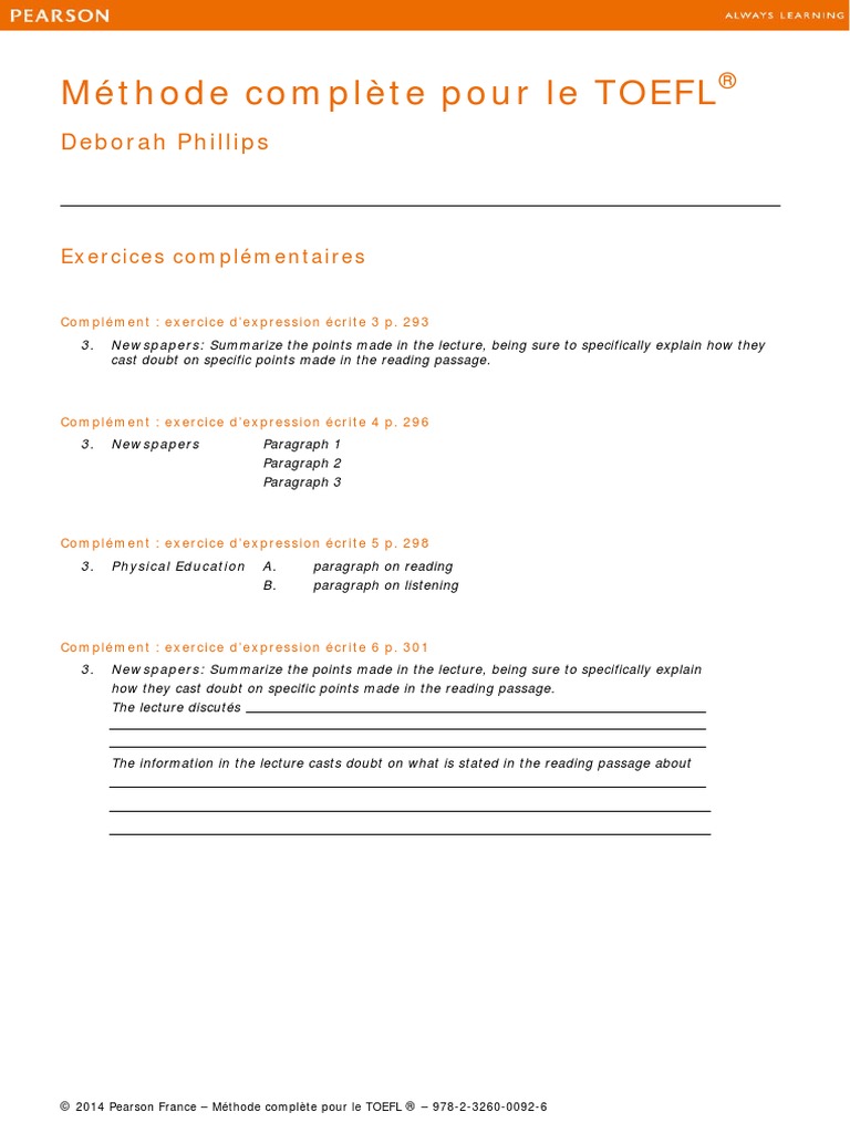 Méthode Complète Pour Le TOEFL ® Deborah Phillips PDF — free download