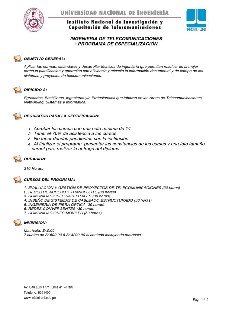 Especialización en Ingeniería de Telecomunicaciones | PDF