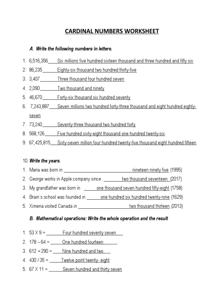 Cardinal and Ordinal Numbers Worksheet | PDF | Sports | Teaching ...
