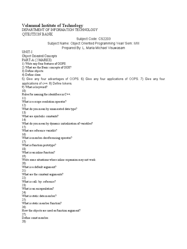 Object Oriented Programming Question Bank | PDF