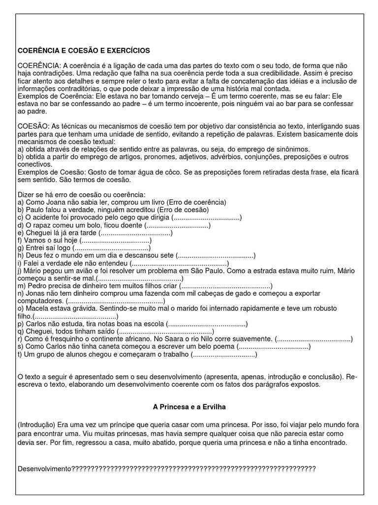 Coerência, coesão e exercícios de identificação de erros | PDF ...