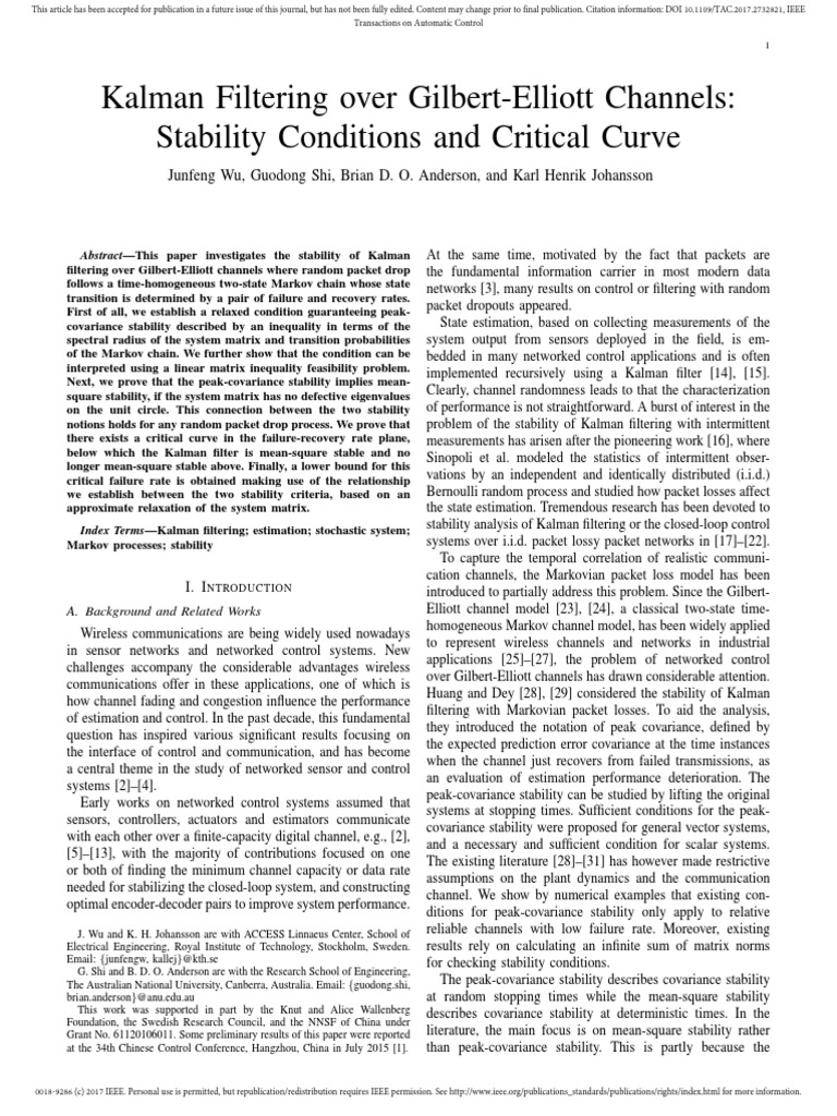 Kalman Filtering: Stability Insights | PDF | Kalman Filter | Markov Chain
