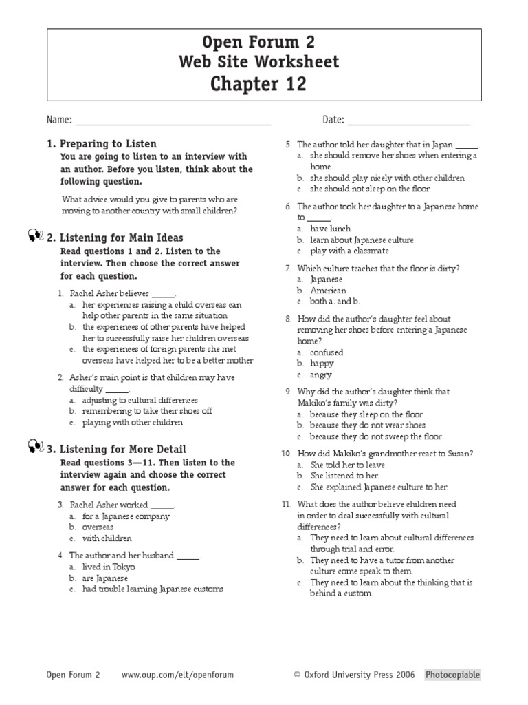 Open Forum 2  Site Worksheet 1. Preparing To Listen PDF