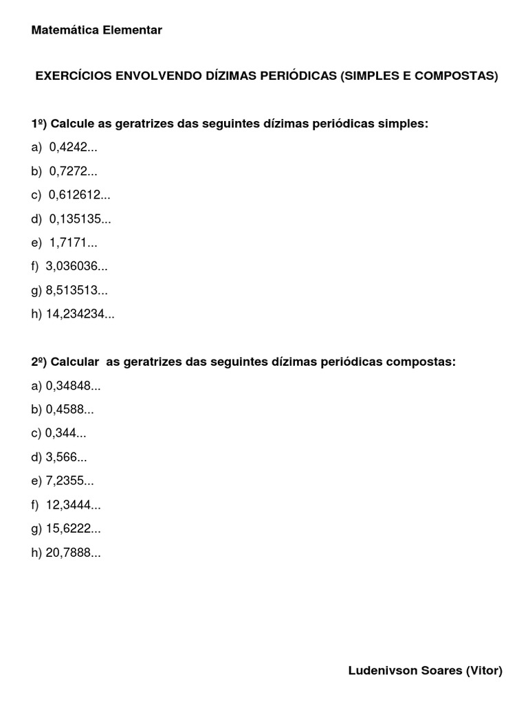 Lista 1 - Exercícios Envolvendo Dízimas Periódicas (Simples e Compostas ...