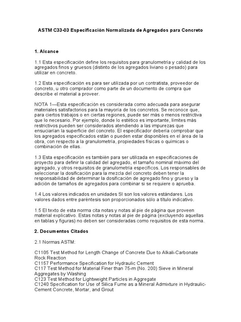 Especificación ASTM C33 de Agregados | PDF | Hormigón | Cemento