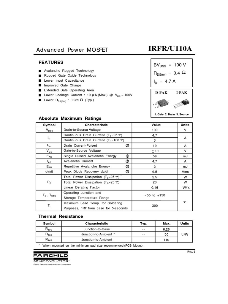 IRFR/U110A Advanced Power MOSFET PDF Field Effect Transistor Mosfet