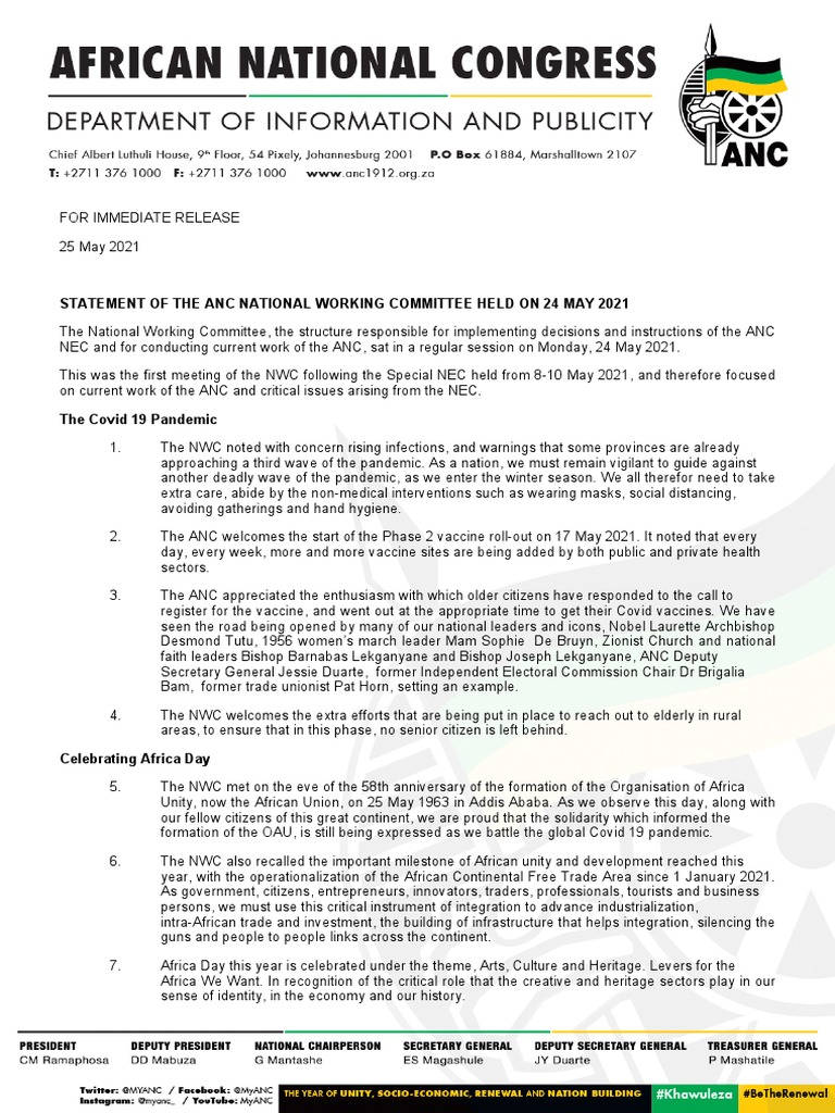 Anc Statement On The Outcomes of The NWC Held On 24 May 2021 | PDF ...