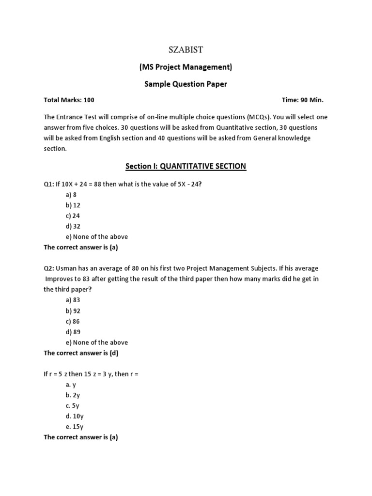 (MS Project Management) Sample Question Paper Total Marks 100 Time