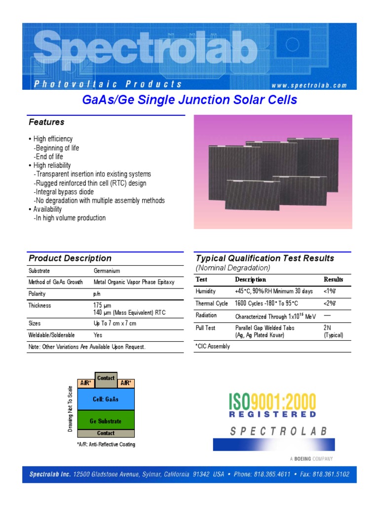 Spectrolab DatasheetGe PDF Gallium Arsenide Solar Cell