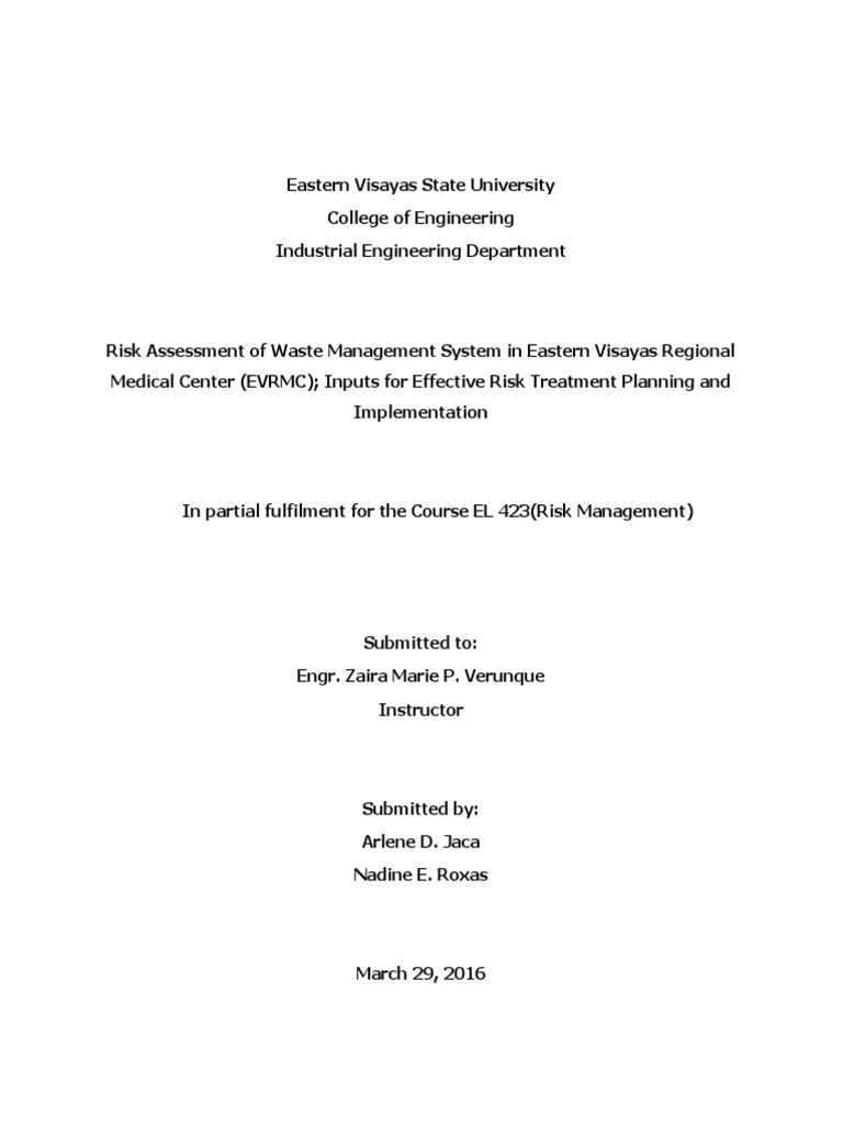 Risk Assessment of EVRMC Waste Management | PDF | Risk | Risk Management