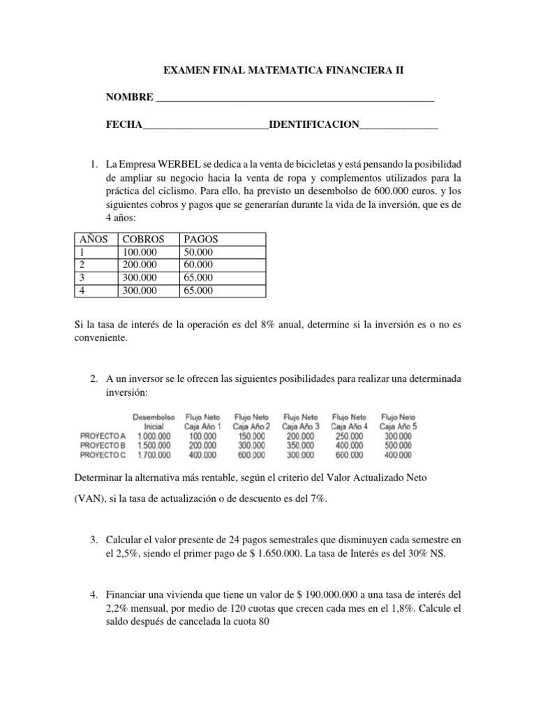 Examen Final Matemática Financiera II | PDF | Finanzas Matemáticas ...