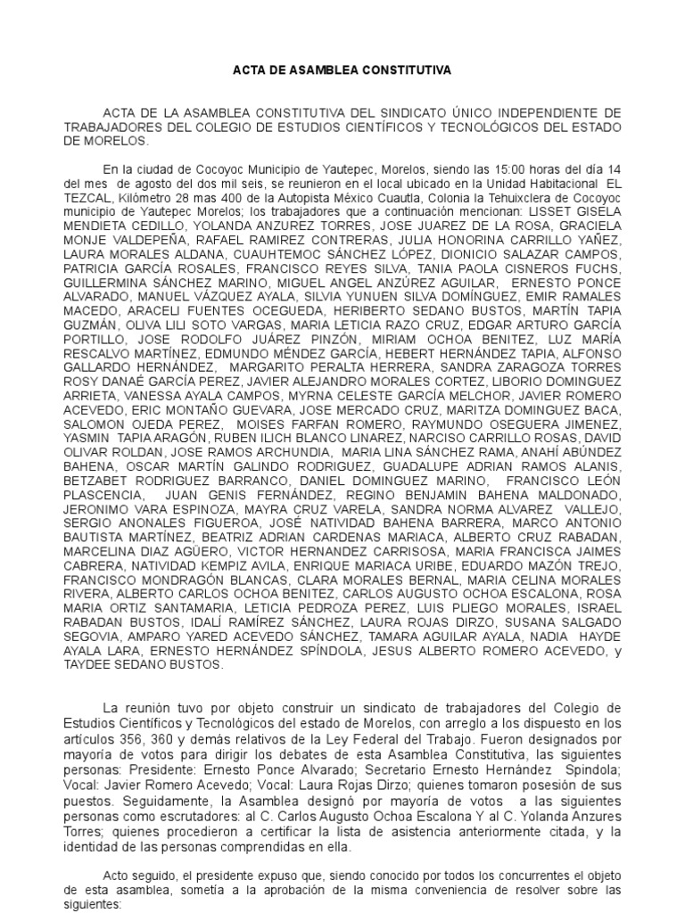 Acta de Asamblea Constitutiva Completa Sindicato Votación