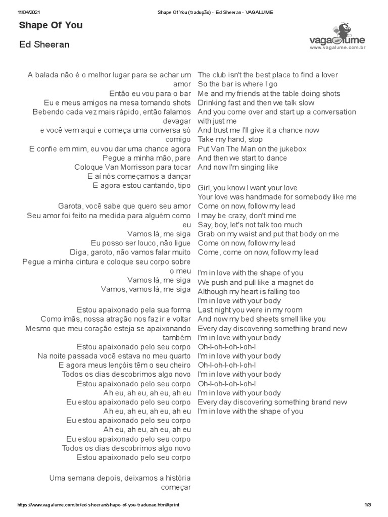 Shape of You (Tradução) - Ed Sheeran - VAGALUME, PDF