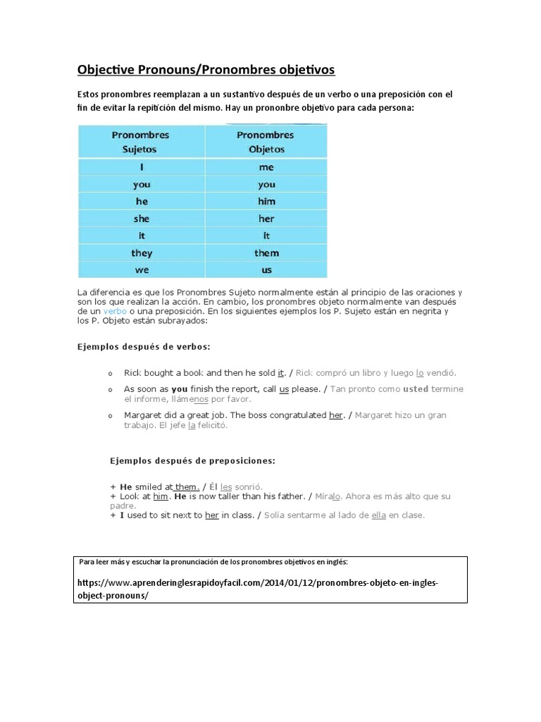 Pronombres Objetivos en Inglés | PDF
