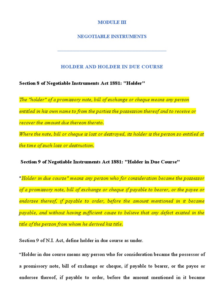 Holder Vs Holder in Due Course PDF Negotiable Instrument Civil Law (Legal System)