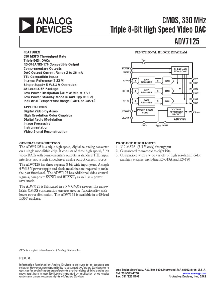 Cmos, 330 MHZ Triple 8Bit High Speed Video Dac °C To +85°C) PDF Digital To Analog