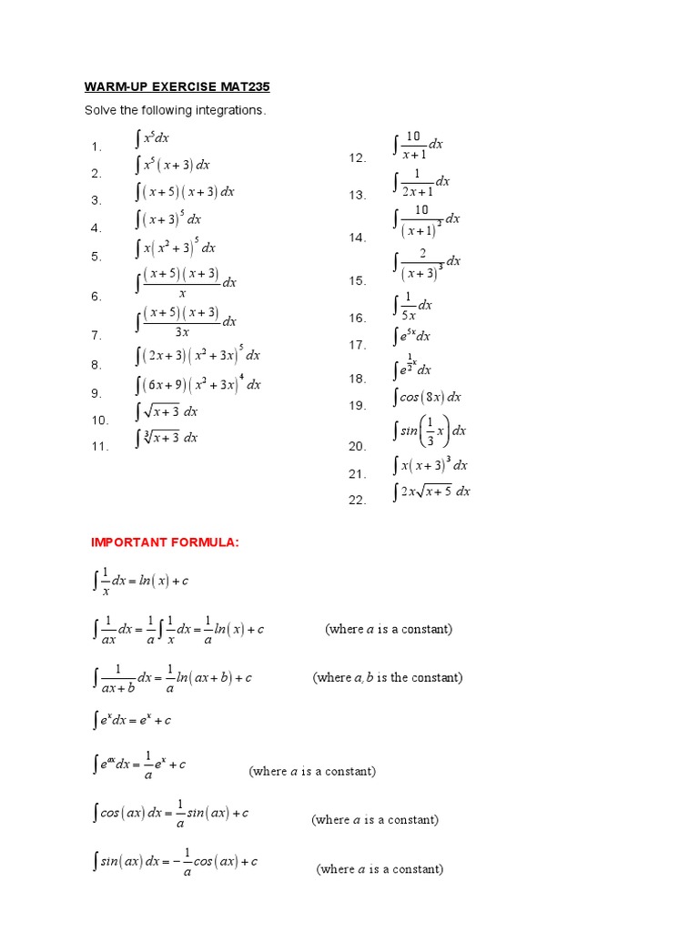 Integration Warm-Up Exercises MAT235 | PDF | Mathematical Analysis ...