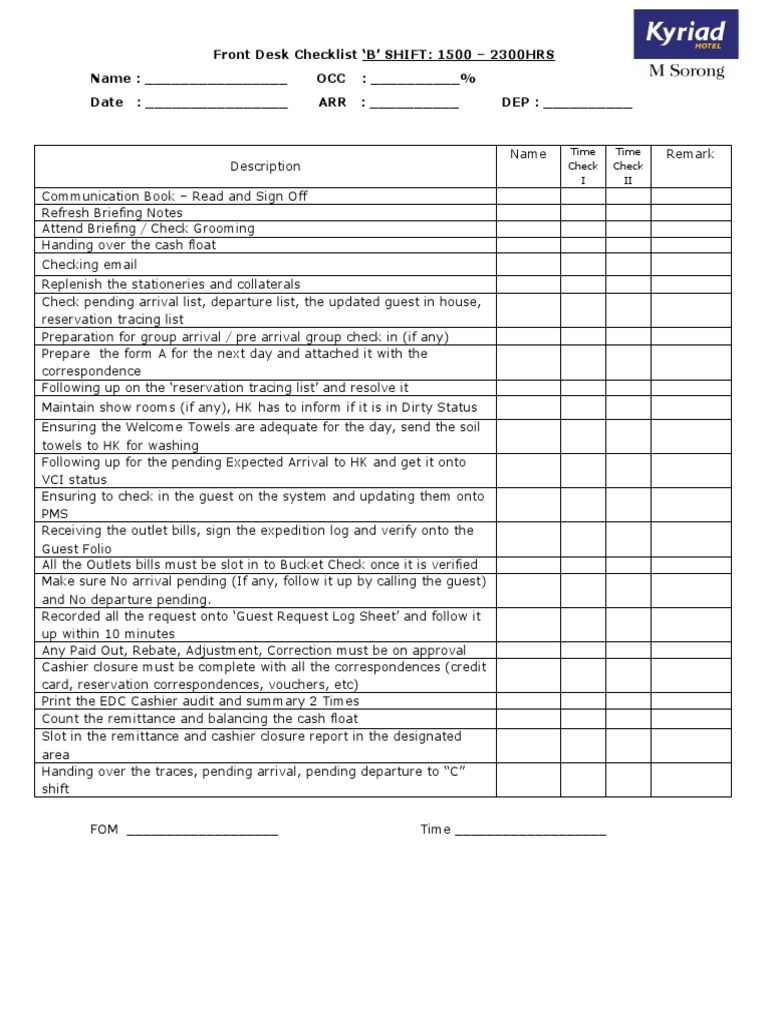 Front Desk Checklist B | PDF