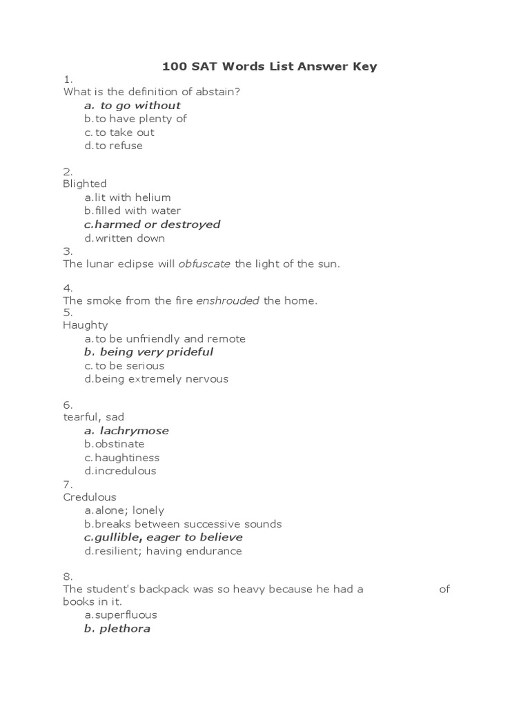 100 sat words list answer key pdf