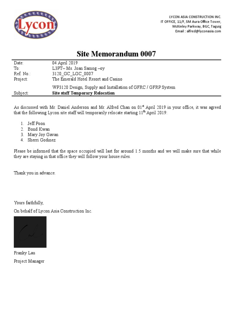 Site Memorandum 0007: Site Staff Temporary Relocation | PDF