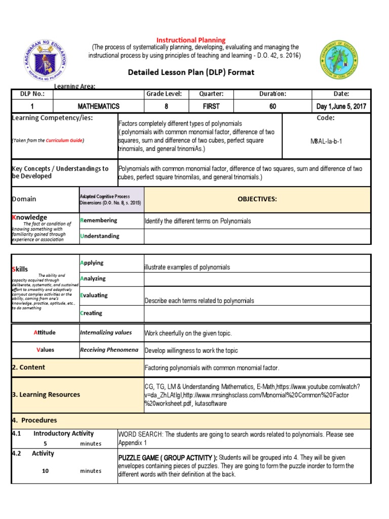 Detailed Lesson Plan (DLP) Format: Learning Competency/ies: Code | PDF ...