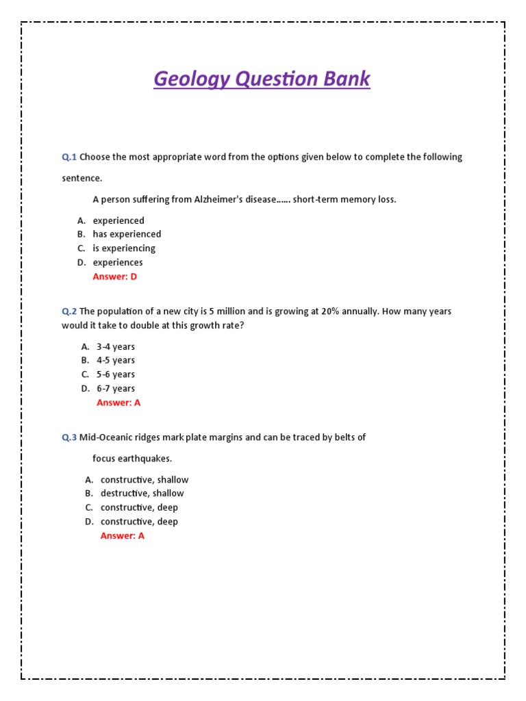 Geology Question Bank Answer D PDF Fault (Geology) Rock (Geology)