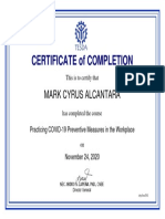 Practicing COVID-19 Preventive Measures in The Workplace - Certificate of Completion-Alcantara