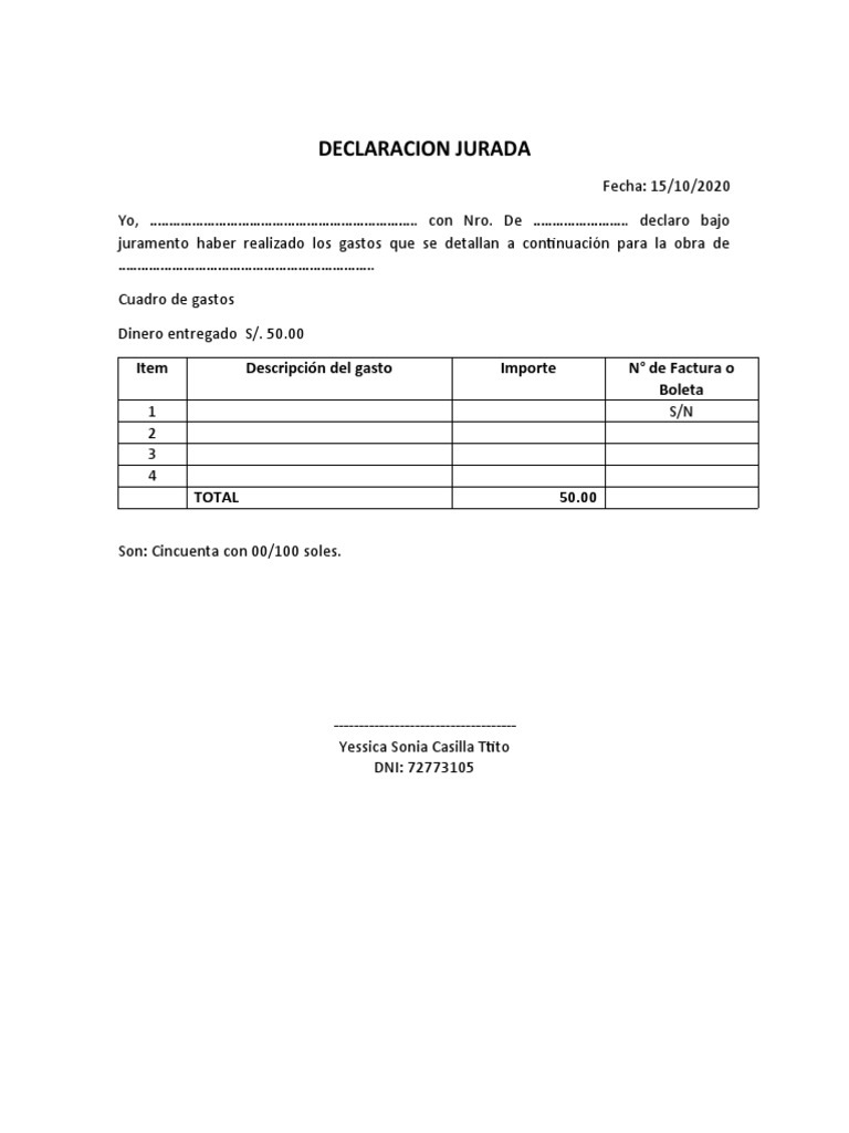 Modelo de Declaración Jurada de Gastos | PDF