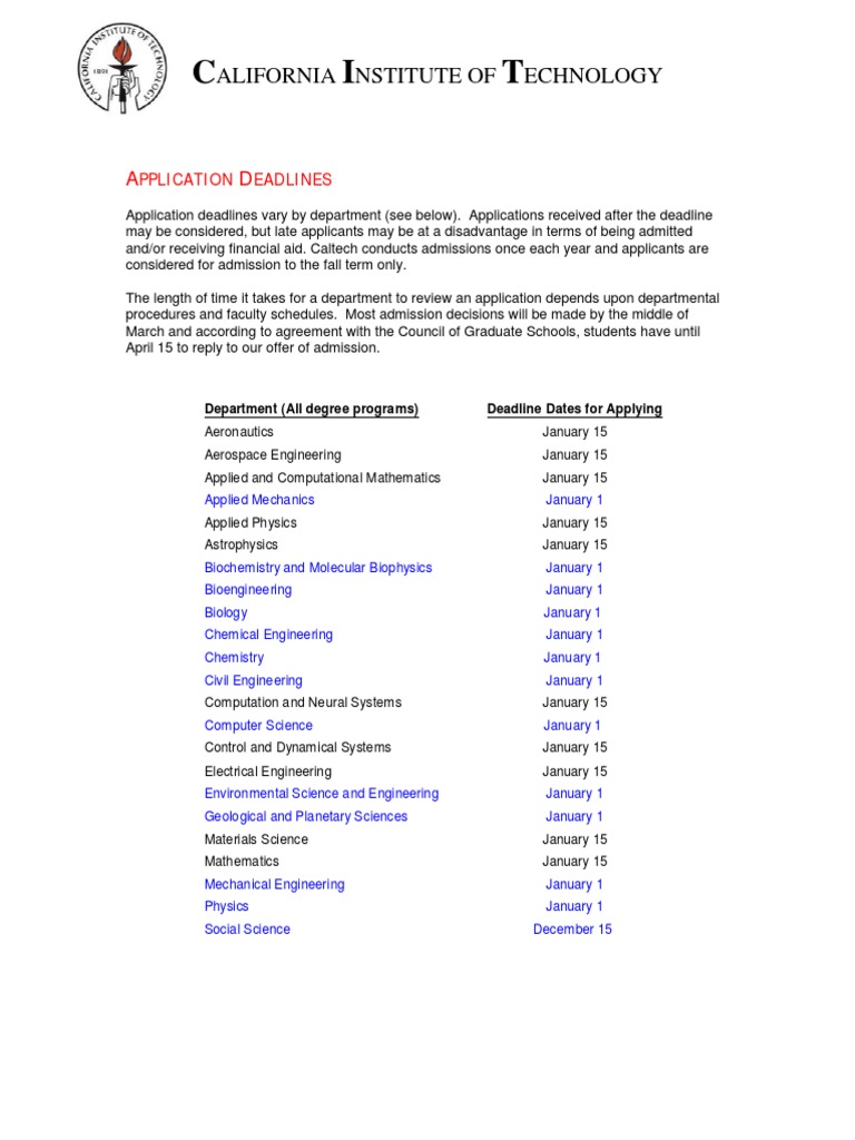 Caltech Graduate Application Deadlines | PDF | California Institute Of ...