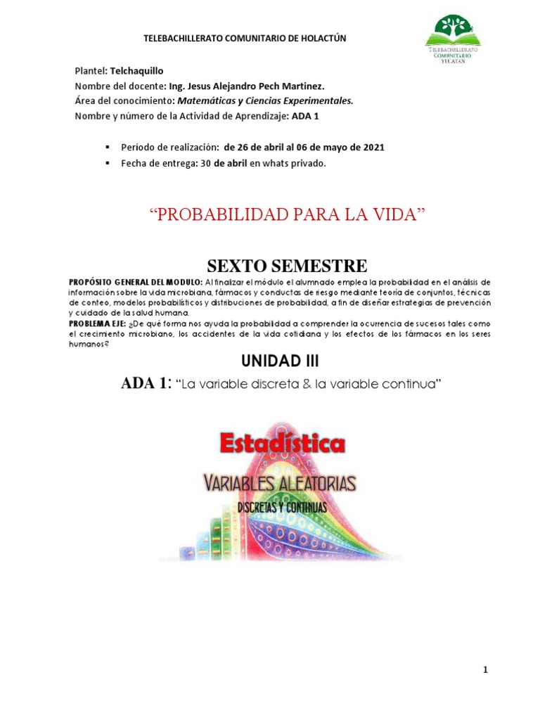 Probabilidad para La Vida U3S1 | PDF | Variable aleatoria | Adolescencia