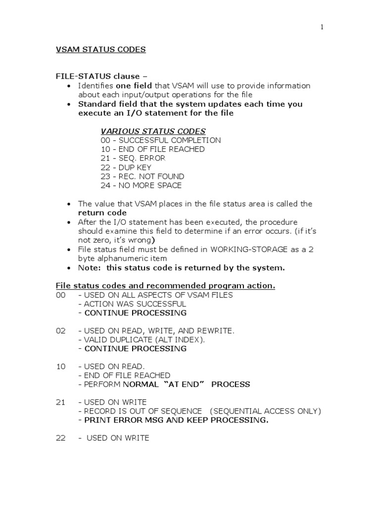 Vsam status code pdf input output computer file