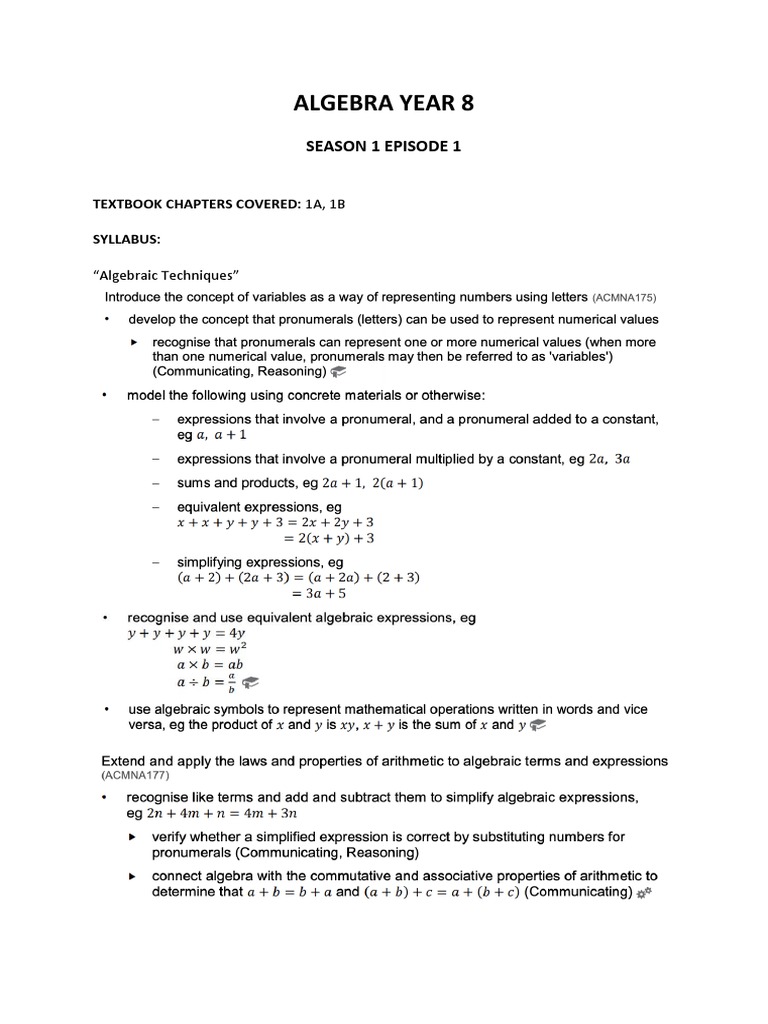 Year 8 Algebra Concepts and Techniques | PDF | Algebra | Variable ...