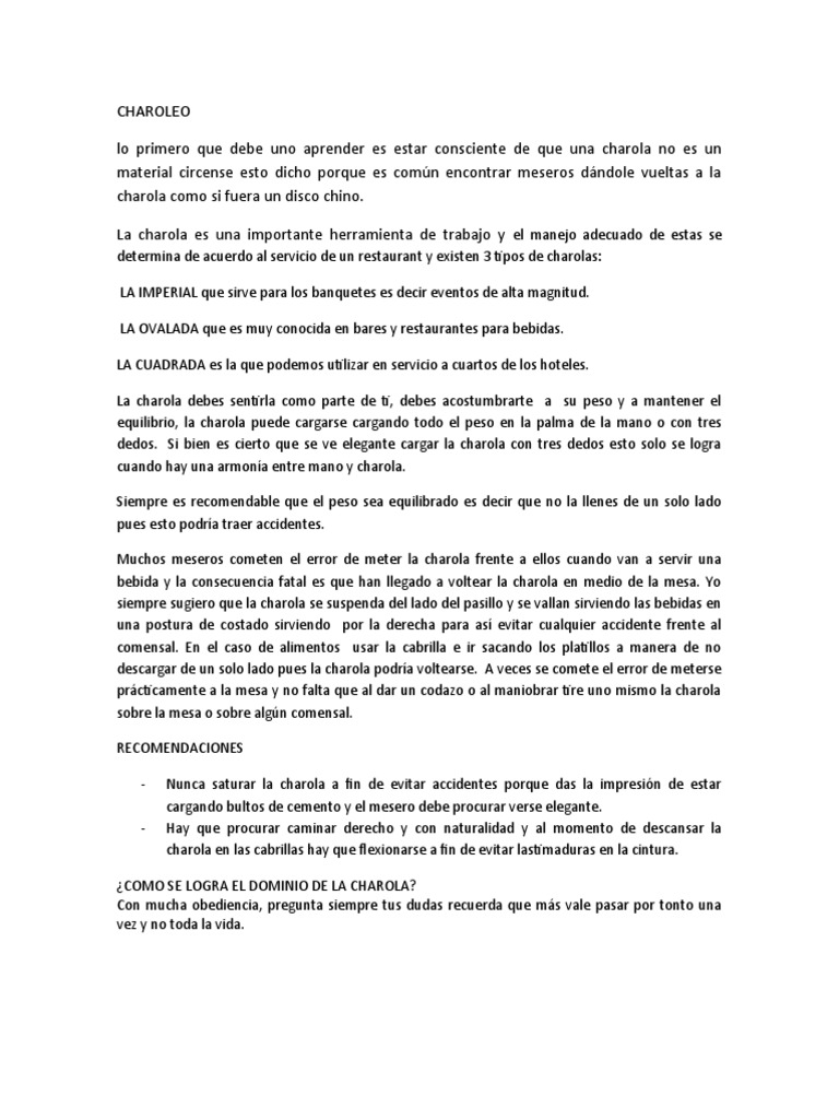 Técnicas de Charoleo para Meseros | PDF | Camareros | Comida y bebida