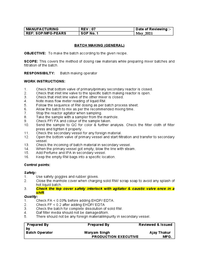 Batch Making SOP for Manufacturing | PDF