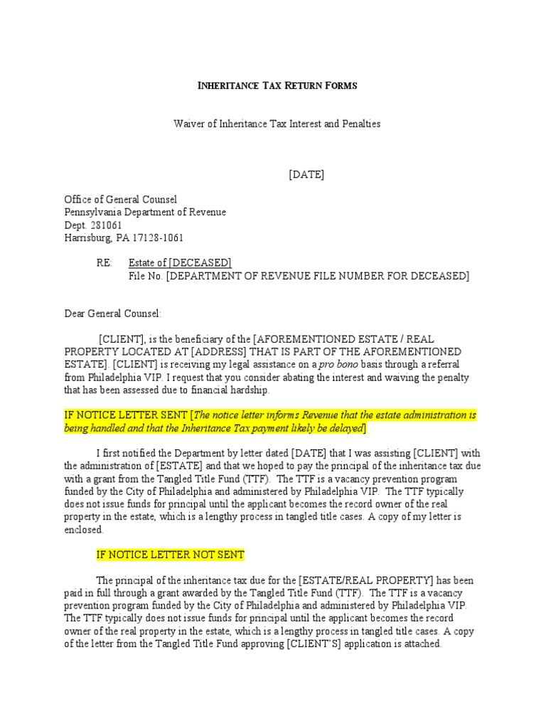 Inheritance Tax Penalty Waiver Request | PDF | Inheritance Tax | Debt