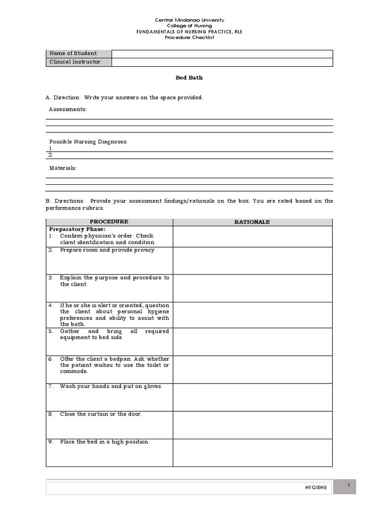 Bed Bath Procedure Checklist PDF Hygiene Thorax