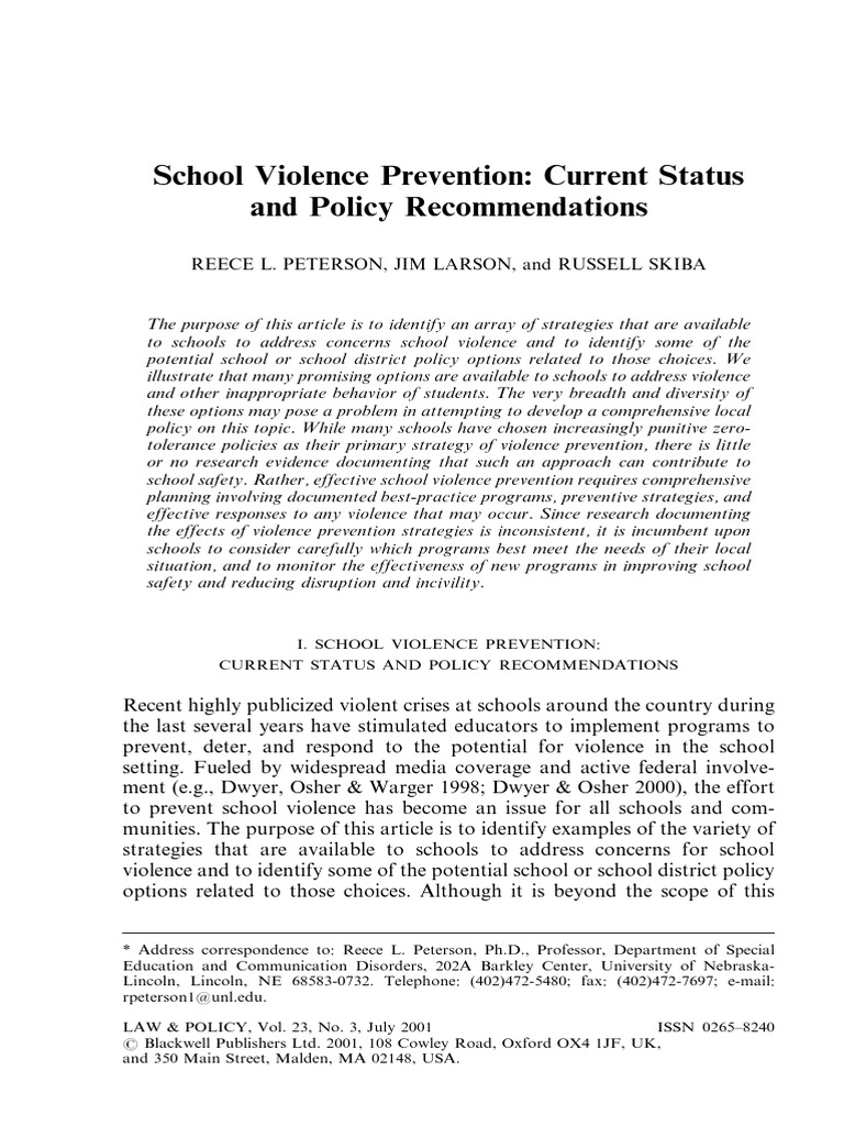 School Violence Prevention Current Status and Policy