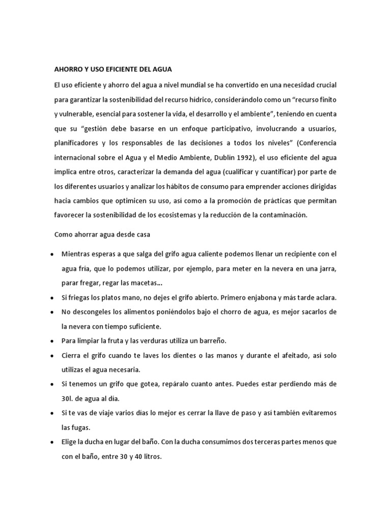 Ahorro y uso eficiente del agua en el hogar | PDF