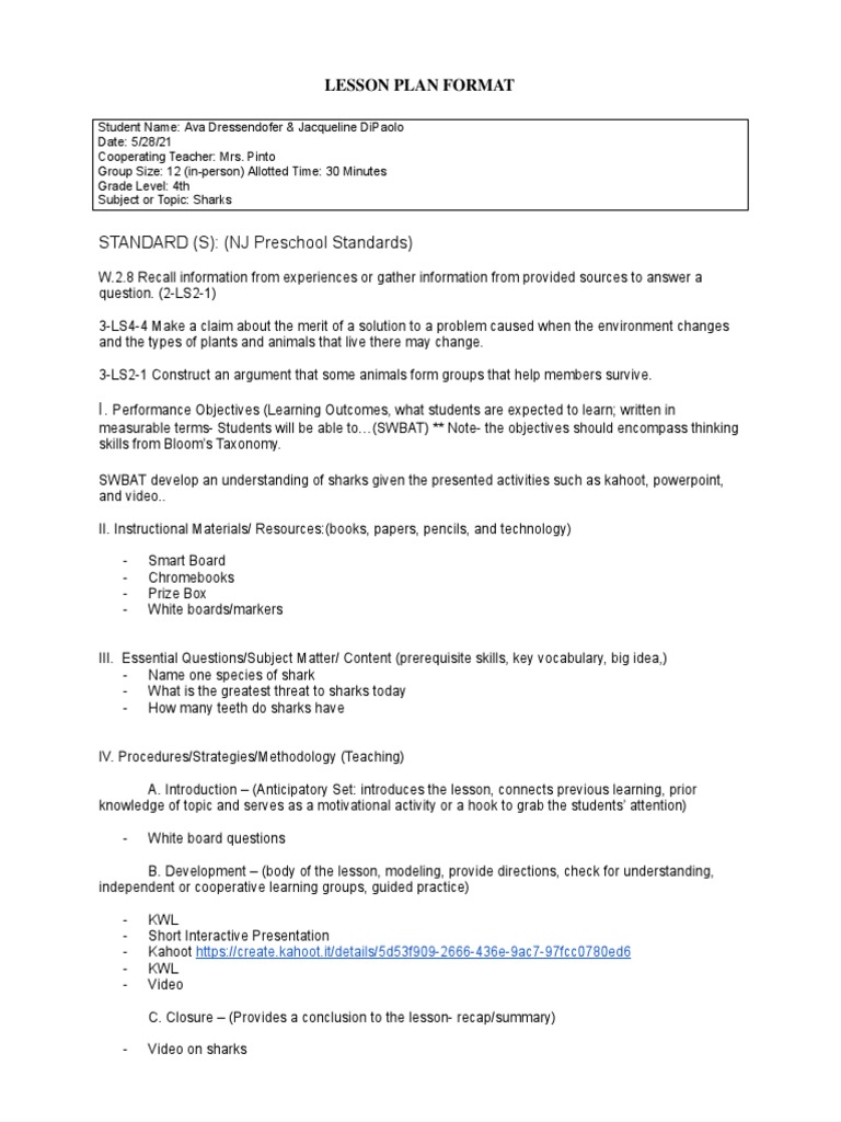 STANDARD (S) (NJ Preschool Standards) Lesson Plan Format PDF
