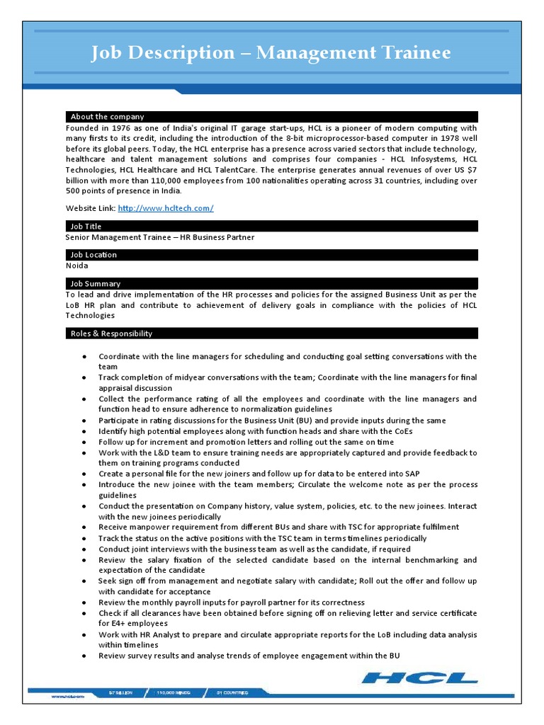 Job Description Management Trainee About The Company PDF Master