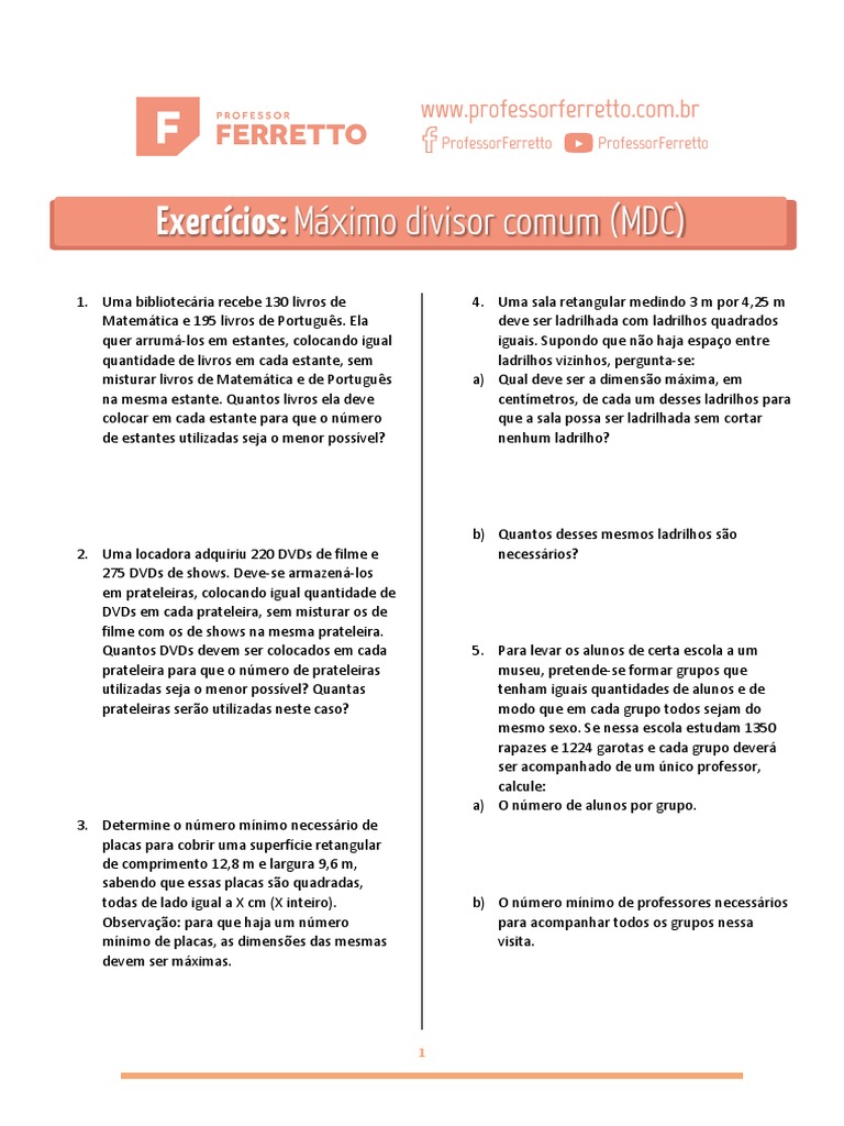 17 - Máximo Divisor Comum (MDC) - Exercicios | PDF | Natureza | Ensino ...