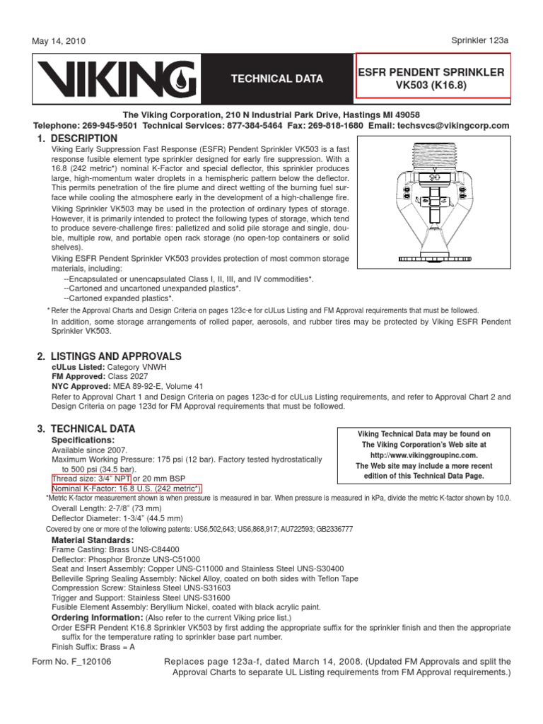 Viking VK503 ESFR Sprinkler Overview | PDF | Fire Sprinkler System ...