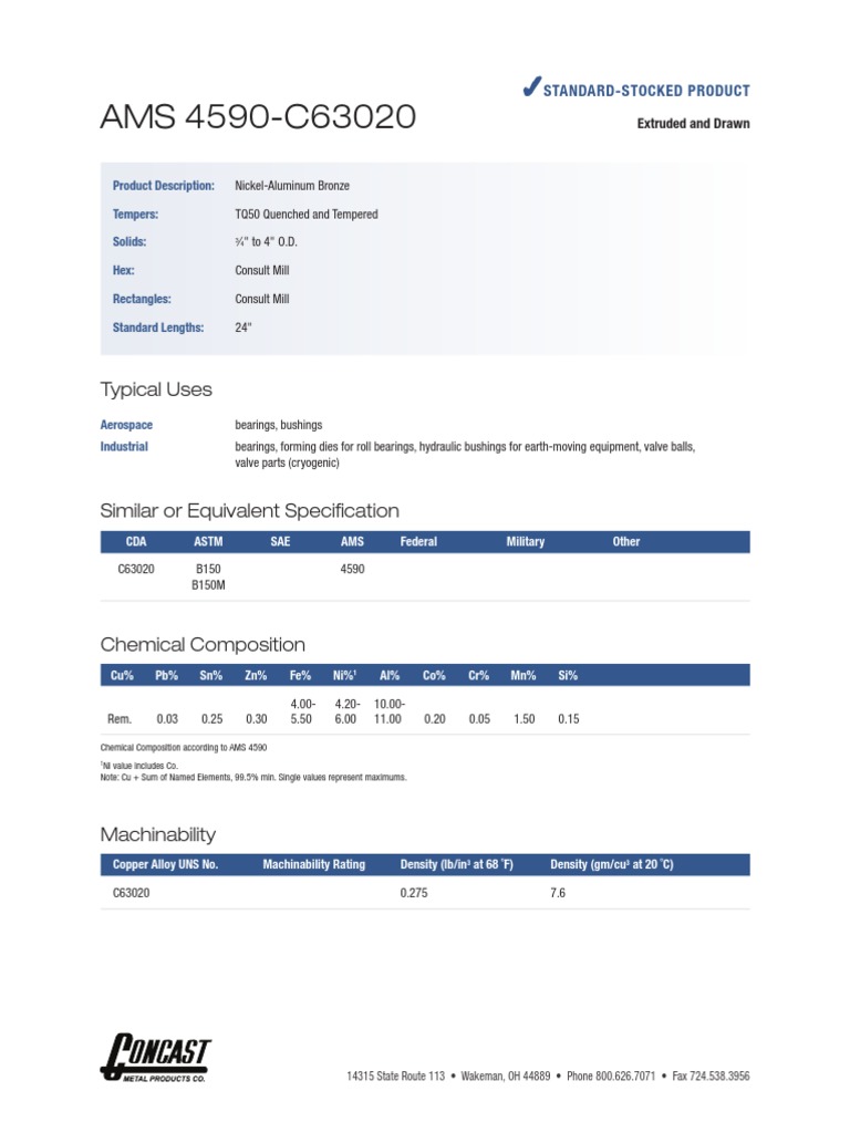 NickelAluminum Bronze Alloy AMS 4590C63020 Mechanical Properties