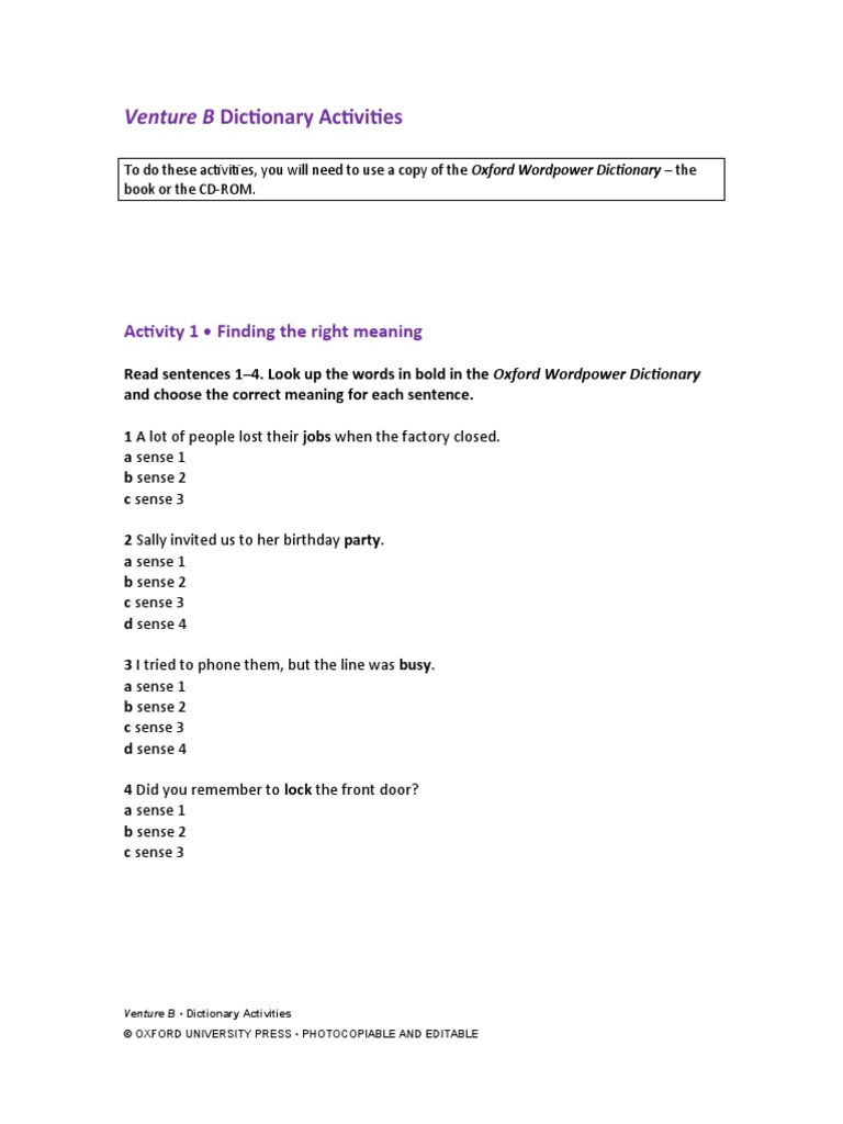 Venture b1 Dictionary Activities PDF
